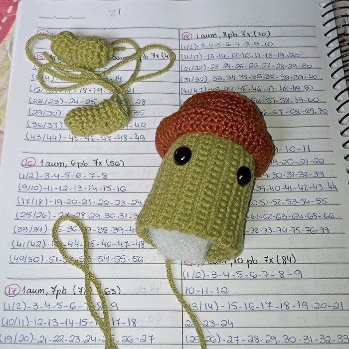 projeto de cacto em crochê sobre um caderno com anotações